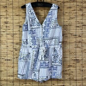 Loft Romper Women XL Blue White Patchwork Paisley Cotton Drawstring Boho Beachy